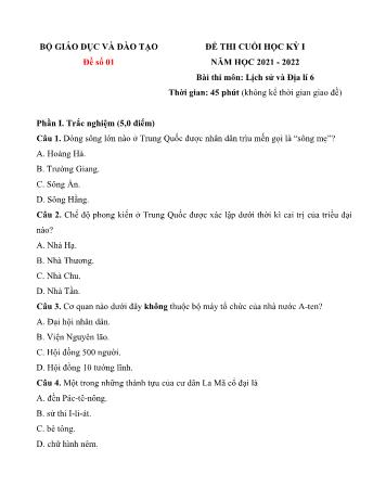 Đề thi cuối học kỳ I môn Lịch sử và Địa lí Lớp 6 Sách Chân trời sáng tạo - Năm học 2021-2022 (Có đáp án)