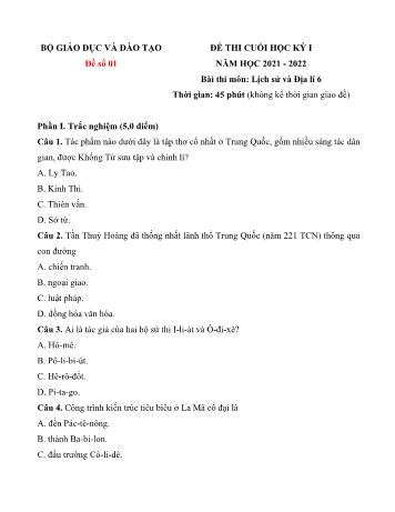 Đề thi cuối học kỳ I môn Lịch sử và Địa lí Lớp 6 Sách Kết nối tri thức - Năm học 2021-2022 (Có đáp án)