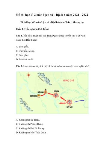 Đề thi học kì 2 môn Lịch sử và Địa lí 6 Chân trời sáng tạo - Năm học 2021-2022 (Có đáp án)