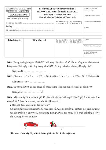 Đề thi khảo sát tuyển sinh vào Lớp 6 môn Toán học - Năm học 2022-2023 - Trường THPT chuyên Trần Đại Nghĩa (Có đáp án)