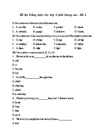 Đề thi môn Tiếng Anh vào Lớp 6 chất lượng cao - Năm học 2021-2022 - Đề 4 (Có đáp án)