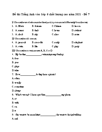 Đề thi môn Tiếng Anh vào Lớp 6 chất lượng cao - Năm học 2021-2022 - Đề 7 (Có đáp án)