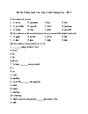 Đề thi môn Tiếng Anh vào Lớp 6 chất lượng cao - Năm học 2021-2022 - Đề 3 (Có đáp án)