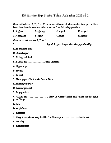 Đề thi vào Lớp 6 môn Tiếng Anh - Năm học 2022-2023 - Đề số 2 (Có đáp án)