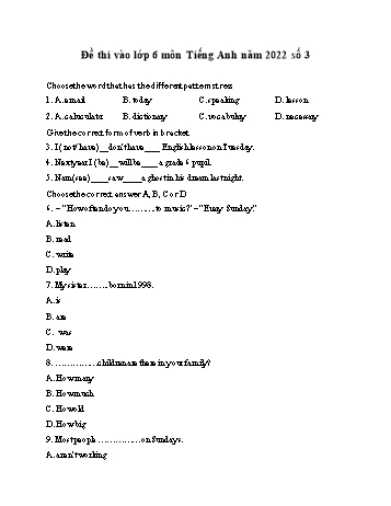 Đề thi vào Lớp 6 môn Tiếng Anh - Năm học 2022-2023 - Đề số 3 (Có đáp án)