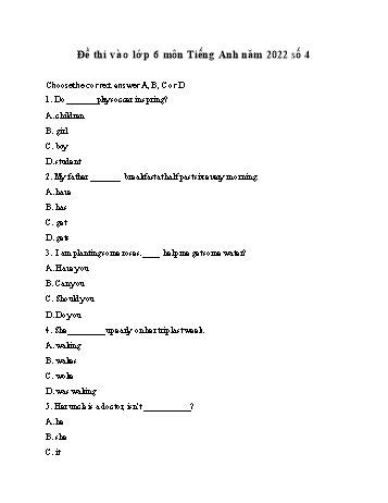 Đề thi vào Lớp 6 môn Tiếng Anh - Năm học 2022-2023 - Đề số 4 (Có đáp án)
