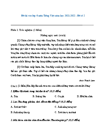 Đề thi vào Lớp 6 môn Tiếng Việt - Năm học 2021-2022 - Đề số 2 (Có đáp án)