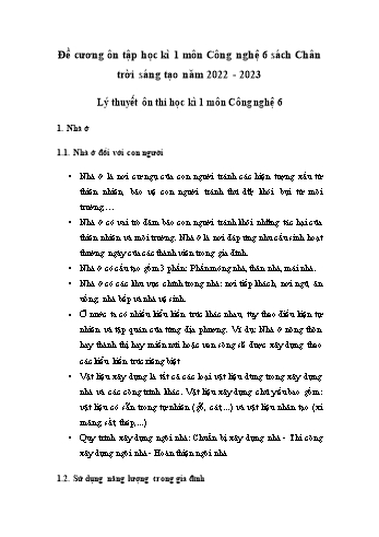 Đề cương ôn tập học kì 1 môn Công nghệ 6 Sách Chân trời sáng tạo - Năm học 2022-2023