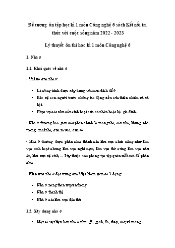Đề cương ôn tập học kì 1 môn Công nghệ 6 Sách Kết nối tri thức - Năm học 2022-2023