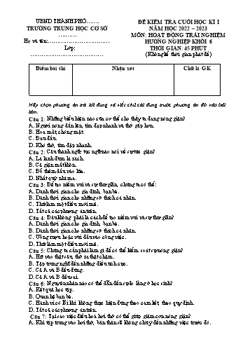 Đề kiểm tra cuối học kì 1 môn Hoạt động trải nghiệm hướng nghiệp 6 (Chân trời sáng tạo) - Năm học 2022-2023 (Có đáp án)