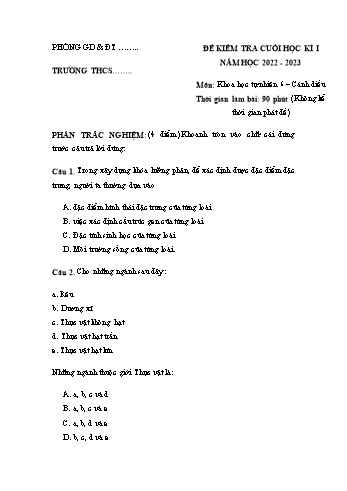 Đề kiểm tra cuối học kì I môn Khoa học tự nhiên Lớp 6 Sách Cánh diều - Năm học 2022-2023 - Đề 1 (Có đáp án)