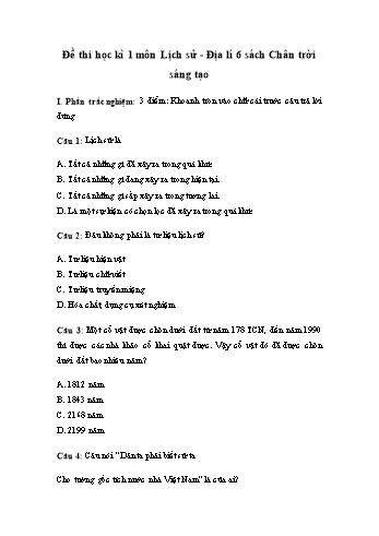 Đề thi học kì 1 môn Lịch sử và Địa lí 6 Sách Chân trời sáng tạo
