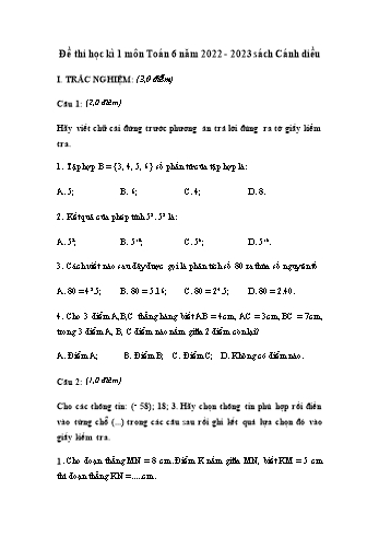 Đề thi học kì 1 môn Toán Lớp 6 Sách Cánh diều - Năm học 2022-2023