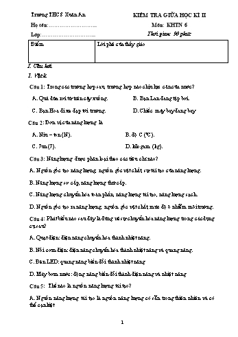 Đề kiểm tra giữa học kì II môn Khoa học tự nhiên Lớp 6 Sách Cánh diều - Trường THCS Xuân An (Có đáp án)