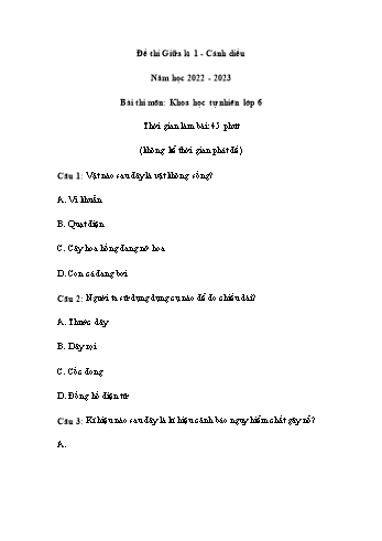 Đề thi giữa kì 1 môn Khoa học tự nhiên Lớp 6 Sách Cánh diều - Năm học 2022-2023 (Có đáp án)