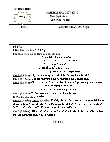 Bài kiểm tra giữa kỳ I môn Ngữ văn Lớp 6 Sách Kết nối tri thức