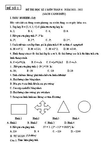 Bộ 4 đề thi học kì 1 môn Toán học Lớp 6 Sách Cánh diều - Năm học 2021-2022
