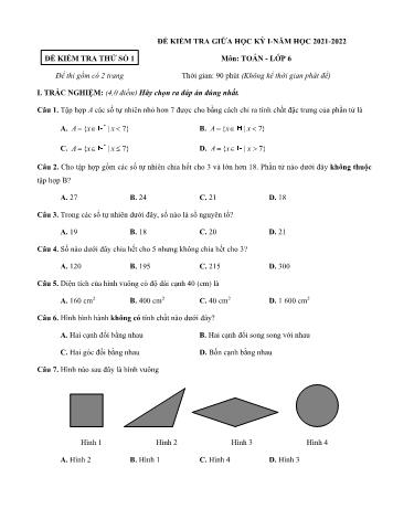 Bộ 5 đề thi thử kiểm tra giữa học kỳ I môn Toán Lớp 6 - Năm học 2021-2022