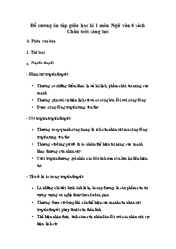 Đề cương ôn tập giữa học kì 1 môn Ngữ văn Lớp 6 Sách Chân trời sáng tạo