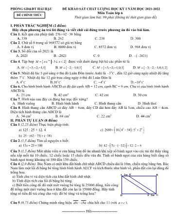 Đề khảo sát chất lượng học kỳ I môn Toán học Lớp 6 - Năm học 2021-2022 - Phòng GD&ĐT Hải Hậu (Có đáp án)