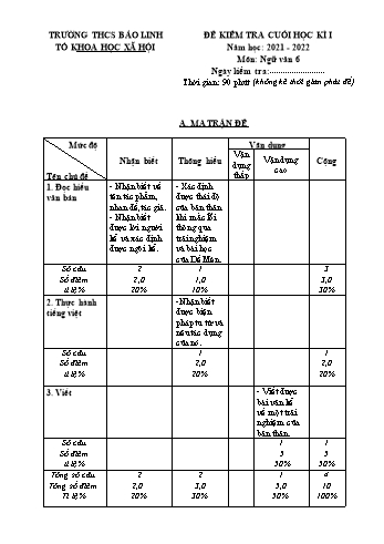 Đề kiểm tra cuối học kì I môn Ngữ văn Lớp 6 - Năm học 2021-2022 - Trường THCS Bảo Linh (Có đáp án)