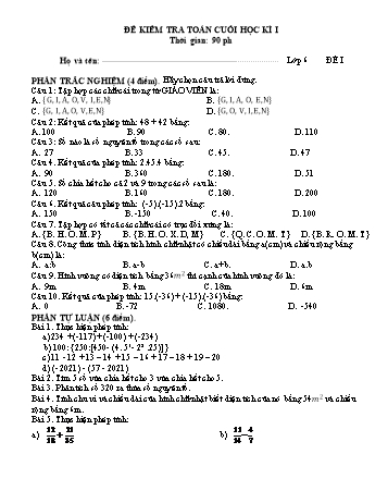 Đề kiểm tra cuối học kì I môn Toán học Lớp 6 (Có đáp án)