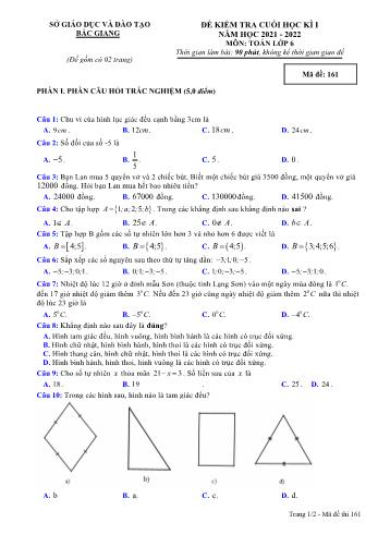 Đề kiểm tra cuối học kì I môn Toán Lớp 6 - Năm học 2021-2022 - Sở GD&ĐT Bắc Giang