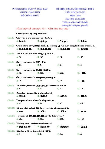 Đề kiểm tra cuối học kỳ I môn Toán học Lớp 6 - Năm học 2021-2022 - Phòng GD&ĐT Long Biên (Có đáp án)