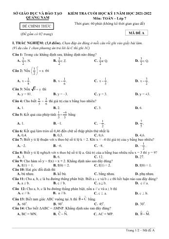 Đề kiểm tra cuối học kỳ I môn Toán học Lớp 6 - Năm học 2021-2022 - Sở GD&ĐT Quảng Nam (Có đáp án)