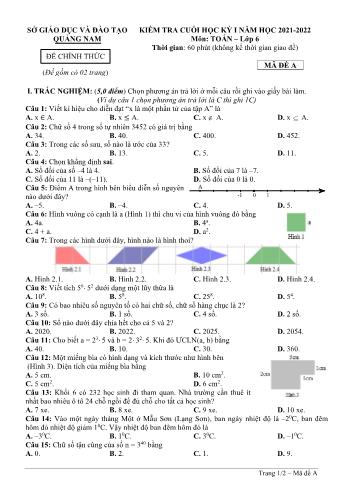 Đề kiểm tra cuối học kỳ I môn Toán học Lớp 6 - Năm học 2021-2022 - Sở GD&ĐT Quảng Nam
