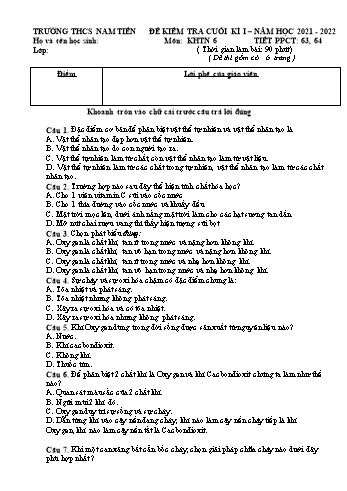 Đề kiểm tra cuối kì I môn Khoa học tự nhiên Lớp 6 - Năm học 2021-2022 - Trường THCS Nam Tiến (Có đáp án)
