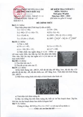 Đề kiểm tra cuối kỳ 1 môn Toán Lớp 6 - Năm học 2021-2022 - Trường THCS Kiêu Kỵ