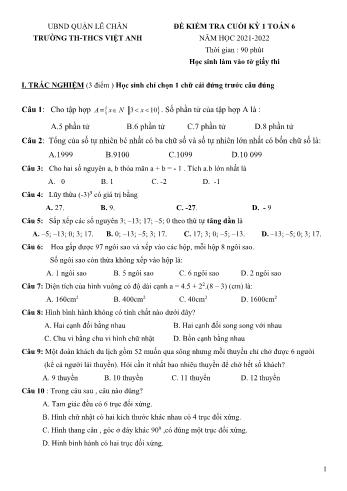 Đề kiểm tra cuối kỳ 1 môn Toán Lớp 6 - Năm học 2021-2022 - Trường TH-THCS Việt Anh (Có đáp án)