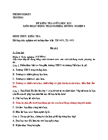 Đề kiểm tra giữa học kì I môn Hoạt động trải nghiệm, hướng nghiệp Lớp 6 Sách Chân trời sáng tạo (Có đáp án)