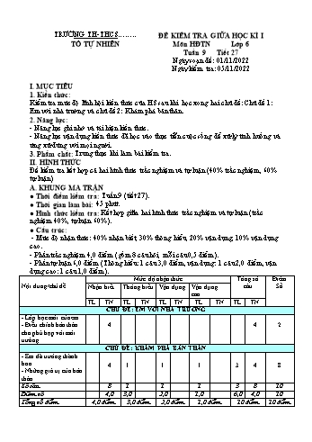 Đề kiểm tra giữa học kì I môn Hoạt động trải nghiệm Lớp 6 Sách Kết nối tri thức - Năm học 2022-2023 (Có đáp án)