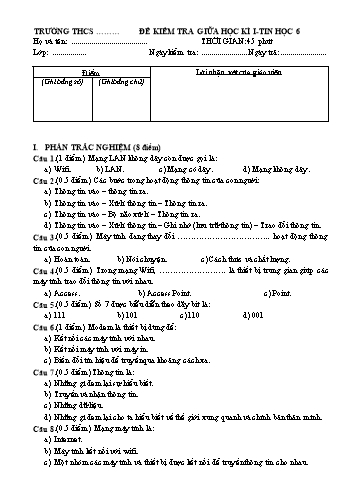 Đề kiểm tra giữa học kì I môn Tin học Lớp 6 Sách Cánh diều
