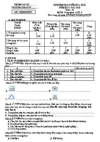 Đề kiểm tra giữa học kì II môn Công nghệ Lớp 6 Sách Kết nối tri thứ - Năm học 2021-2022