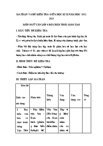 Đề kiểm tra giữa học kì II môn Ngữ văn Lớp 6 Sách Chân trời sáng tạo - Năm học 2022-2023