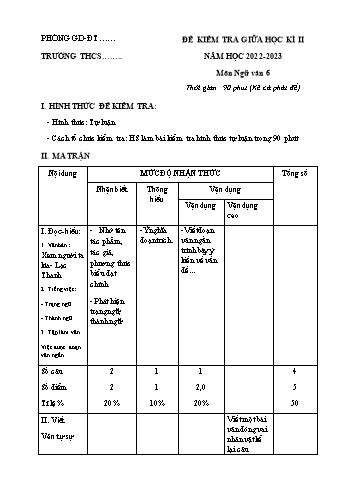 Đề kiểm tra giữa học kì II môn Ngữ văn Lớp 6 Sách Kết nối tri thức với cuộc sống - Năm học 2022-2023 - Đề 2 (Có đáp án)