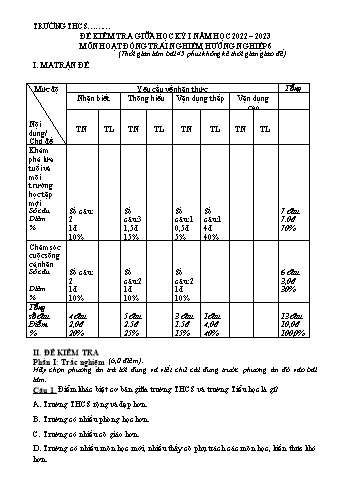 Đề kiểm tra giữa học kỳ I môn Hoạt động trải nghiệm, hướng nghiệp Lớp 6 Sách Chân trời sáng tạo - Năm học 2022-2023 (Có đáp án)