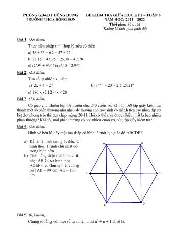 Đề kiểm tra giữa học kỳ I môn Toán Lớp 6 - Năm học 2021-2022 - Trường THCS Đông Sơn (Có đáp án)