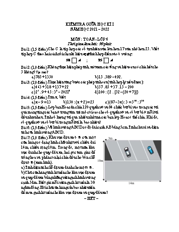 Đề kiểm tra giữa kì I môn Toán học Lớp 6 - Năm học 2021-2022
