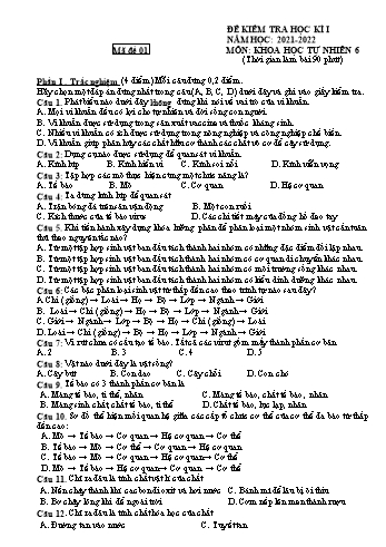 Đề kiểm tra học kì I môn Khoa học tự nhiên Lớp 6 - Năm học 2021-2022 (Có đáp án)