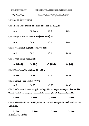Đề kiểm tra học kì I môn Toán học Lớp 6 (Sách mới) - Năm học 2021-2022 (Có đáp án)
