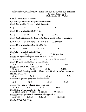 Đề kiểm tra học kỳ I môn Toán học Lớp 6 - Năm học 2021-2022 (Có đáp án)