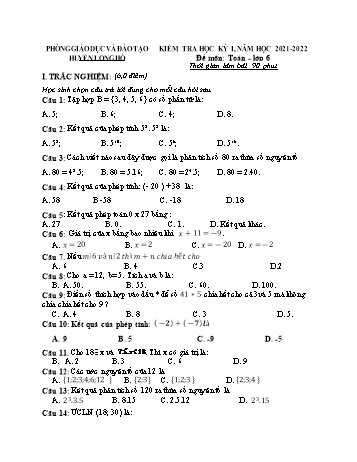 Đề kiểm tra học kỳ I môn Toán học Lớp 6 - Năm học 2021-2022 - Phòng GD&ĐT Long Hổ (Có đáp án)