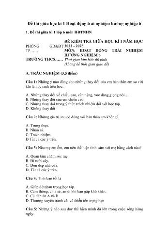 Đề thi giữa học kì 1 môn Hoạt động trải nghiệm hướng nghiệp Lớp 6 Sách Cánh diều - Năm học 2022-2023 (Có đáp án)