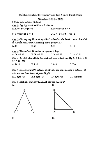 Đề thi giữa học kì 1 môn Toán học Lớp 6 Sách Cánh Diều - Năm học 2021-2022 (Có đáp án)
