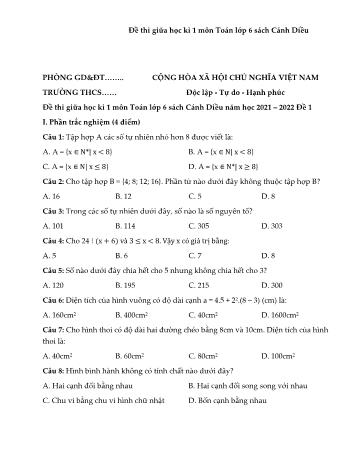 Đề thi giữa học kì 1 môn Toán Lớp 6 Sách Cánh diều - Năm học 2021-2022 - Đề 1 (Có đáp án)