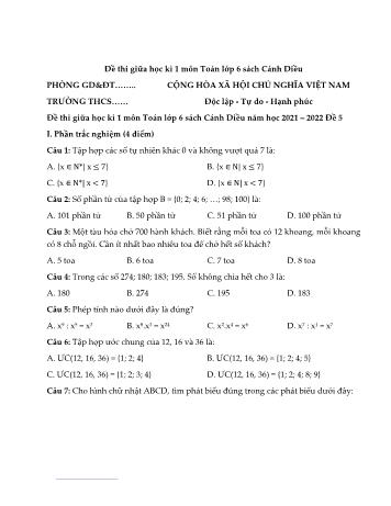 Đề thi giữa học kì 1 môn Toán Lớp 6 Sách Cánh diều - Năm học 2021-2022 - Đề 5 (Có đáp án)